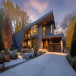 **front driveway view of a soft modern house with sloped metal roof --ar 16:9** - Image #1 <@409035117881982988>