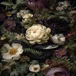 **a dark, moody, victorian oil painting of a black snake slithering through a cluster of flowers in deep tones of black, gray, cream, and dark purple, as well as ferns, moss, and thickets. --ar 3:4 --v 7.0** - Image #1 <@693132661379825714>