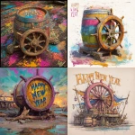 **New Year's Day, happy new year, colorful atmosphere, plain center, rum barrel, old antique rudderwheel, driftwood, Happy New Year** - <@1316270398630793268> (fast)