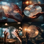 **close-up cinematic shot of human hands gently holding a translucent vinyl record made from medical X-ray film, with xray image on it, delicate etched grooves visible on the surface, dark blurred warehouse or health conference background with warm ambient lighting, realistic skin texture and subtle depth of field, poetic emotional tone, 35mm film photo realism, fine art photography composition,** - <@840070267890958356> (fast)