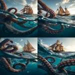 **kraken attacking a sailboat in the sea with tentacles, hdr, low angle view --ar 4:7** - Variations (Strong) by <@585362301041770519> (fast)