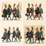 **a cartoon depiction of mixed cultural kings dressed in business suits, walking and talking: a cartoon depiction of kings: A man is as good as his word. Remember, your word is your bond. The kings, wearing their crowns, shake each other's hands.** - Remix (Strong) by <@1066298563220484147> (fast)