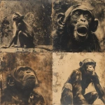 **A monkey-like creature without a mouth , divine light, monochrome, burnt sienna, damaged Anthotype print, scratched, dynamic movement --v 6.0 --s 250** - <@1089203343378878556> (fast)