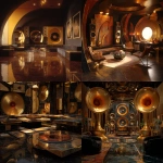 **Surrealism 1980s abstract luxury music lounge, black gold brown colors rich colors, luxury, hd quality , vinyl showing, low lighting, 1 conversation pit, tall abstract speakers, vinyl records , bar lounge included , high quality, clear record shaped table --v 7.0** - <@951239260281913364> (fast)