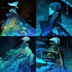 **A vibrant anthropomorphic scyphozoa, pale blue translucent skin tone, graphic novel cover, line art style, tentacle aesthetics, jelly nucleus, dark background, Kawacy, Tetsuya Nomura --p 552yful --s 300 --ar 2:3 --niji 6** - <@348134085279088651> (fast)