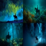 **a man riding a horse in a dark lionfish forest taiga landscape, in the style of light emerald, aurora borealis, theatrical installations, made of mist, vibrant use of light and shadow, dark blue and yellow, movie still --ar 128:59 --v 7.0** - <@1054482006731395092> (fast)