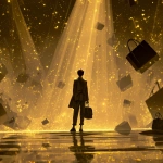 **Ultra-detailed digital illustration, cinematic composition, a 19-year-old young fashion designer standing alone on a runway, dressed in minimalistic chic clothes, confident posture, spotlight shining on him, silhouettes of luxury bags floating around as symbols of success, background filled with golden sparkles and abstract shapes representing luxury, high-fashion atmosphere, dramatic lighting, powerful and inspiring mood, editorial style, no text** - Image #1 <@1402688003251507354>