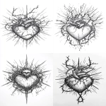 **Line drawing of a sacred heart with a crown of thorns, surrounded by rays and sunbeams, intertwined in barbed wire. Vintage tattoo design with simple line work, in black ink on white paper. horror art, creepy --ar 73:113** - <@266536820160987136> (fast)
-# Create, explore, and organize on [midjourney.com](<https://midjourney.com/imagine?from_discord=1>)