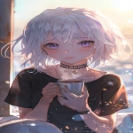**(tsukuyo official style), chibi-but-stylish anime girl, white-silver hair with soft lavender highlights, soft purple eyes, delicate and calm expression, black oversized T-shirt, black choker with a small pendant, slender and gentle hands, holding a warm coffee cup with both hands, visible soft steam rising, sitting by a window, early morning sunlight shining through, pastel orange and pink glow, dust particles floating, quiet warm morning atmosphere, soft breeze touching her hair, rim light on her cheek, cinematic bokeh background, clean anime line art, soft pastel shading, high-detail face and hands, elegant minimal composition, enough breathing room around the character, cozy, emotional, gentle mood, professional anime illustration --ar 9:16 --v 6.0** - Image #1 <@986414431263162398>