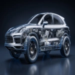 **Stainless steel SUV modern long body, full of hydraulic mechanical parts, ultra bionic super shape, dark background, round lines, over blue cracked base, --ar 16:9** - Image #1 <@1164377807414116392>