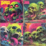 **80s horror B-movie poster style UK bassline cover art, acid rave theme, dripping skulls with tongues out and sweat, chaotic debris, exaggerated lighting, VHS grain, neon green and pink palette, hand-painted airbrush textures, campy sci-fi horror vibe, glowing outlines, dramatic composition, inspired by Phatworld, Mozey, Interplanetary Criminal, --ar 1:1 --v 7.0 --s 850 --q 2 --raw** - <@289277077293760513> (fast)