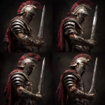 **gladiator in full armor wielding a sword standing sideways with coloring him** - Variations (Subtle) by <@1239369469080506409> (fast)