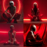**sia sitting on a stole in red latex pants and a mask. Ther is red neon light behind her** - <@785482556321693726> (fast)