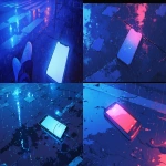 **comic book Cel-shaded anime style with bold clean linework, a glowing phone lying on wet asphalt at night, faint neon reflections in puddles, unread messages lighting up the screen, raindrops and streetlight shimmer, cinematic moody framing, black and blue color palette with subtle pink highlights --niji 6 --ar 16:9** - <@257221362568003584> (fast)