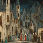 **Medieval illuminated manuscript scene depicting shadowy medieval street with narrow alleyways; small town in pre-dawn darkness; dim torchlight casting long shadows], flat perspective, rich saturated colors, delicate black outlines, 14th century European manuscript style, parchment texture, simplified stylized figures with pale complexions and rosy cheeks, architectural background with blue-gray walls, minimal shading, historical accuracy, --ar 16:9 --v 6.1 --raw** - Image #4 <@1168965155363762248>