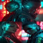 **realistic cyberpunk black female, at night, with neon lights in the background, red and turquoise. Strong light from above, on the face. High contrast. The female is looking towards the camera 3/4 view, she has braids, glowing eye cyber gear and an ear piece --ar 9:16** - <@1174469651695144981> (fast)