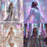 **Aspect ratio 9:16. A futuristic goddess of light stands in a radiant hall of crystal and mirrored glass. Her presence is divine and magnetic her gown made of flowing metallic fabric that ripples like liquid silver and glows with embedded galaxies. The dress sparkles with countless tiny gems, sequins, and holographic panels that catch beams of neon light as she moves. Her skin glows softly beneath layers of luminous fabric; her hair is a cascade of iridescent waves, refracting shades of sapphire, gold, and violet. She wears ornate gold-and-chrome jewelry glowing arm cuffs, layered neckpiece, and crown-like headpiece emitting delicate rays of light. The camera drifts slowly around her in 9:16 vertical frame, soft FPV dolly and orbit movement as glitter particles swirl through the air. The background shimmers with futuristic architecture suspended light pillars, holographic patterns, and drifting crystal dust. Lighting: radiant, cinematic, volumetric light shafts with shimmering glitter motes floating in slow motion. Color palette: platinum, rose gold, sapphire, amethyst, and ultraviolet. Mood: transcendent, glamorous, ethereal power. Style: high-fashion sci-fi divinity, maximalist sparkle, hyperreal beauty. Motion: graceful slow movement, shimmering reflections, light pulse synced to motion. --v 7.0** - <@692146423638261810> (fast)