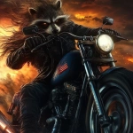 **a photographic, photoshoot, photo realism, worm's eye view, front on view of a anthropomorphic, crazy raccoon with an extremely high pompadour and wild, extremely long, stringy side face hair, is wearing a black leather jacket with the collar up and blue jeans, he is riding on a blue Harley Davidson Chopper with an American flag painted predominantly on the gas tank, we can see the entire motorcycle is in view, the rear tire is spinning, throwing up debris and a little bit of smoke, as the front tire lifts off the pavement. raking light, rim light, beautiful sunset light --style raw --sref 2271222 1682766493 --v 6.1** - Image #4 <@1022866044244733994>