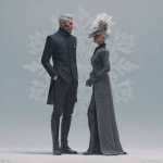 **A masculine character beside a feminine character, full body, elegant clothes, in the style of Jodorowsky, in snowflake macrophotography.** - Image #4 <@639231094968942592>