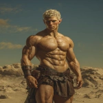 **Realistic 3d rendering. Full body portrait of ruggedly handsome, Hyper muscular handsome elf, bright silver eyes, short curly blonde hair, short pointed ears, defined muscles, pronounced features, hyper muscular, wide Grecian nose, strong square jaw, defined cheek bones, masculine features, freckles. Bodybuilder. wearing a tight short leather skirt. His oiled skin glistens under intense studio lighting. A strong camera flash highlights the shine on his muscles, creating bright reflections on his body, arms, and thighs. Retro fitness photography style, slightly exaggerated lighting contrast, 90s magazine aesthetic, center-framed, studio portrait shot. Standing and posing in a sunny rocky field. --ar 5:6 --v 7.0** - Image #2 <@1222981214734913607>