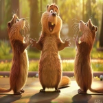 **A 3-view character turnaround of a cute and silly-looking anthropomorphic cartoon beaver, shown in front view, side view, and back view, with very soft and finely detailed fluffy fur, big round eyes with an innocent expression, a wide open-mouthed smile showing small teeth, chubby rounded body, short limbs, and a large flat tail in the back view. The lighting is warm and gentle, with consistent proportions, set on a beige background with horizontal guide lines, clean and high-resolution illustration --v 6.0 --ar 16:9 --sref <https://s.mj.run/SdG-GUEyRSw> --sw 100** - Image #3 <@568812885007007745>