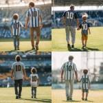 **father and son at the football stadium, holding hands, the father is wearing tennis pants, both wearing striped team shirts with the number ten on the back, full body, showing the grass, sunny day, natural light** - <@450124934837043201> (fast)