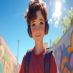 **a medium shot of a realistic illustrated happy 7-year-old Caucasian male student from America, they have a well-defined nose and a well-defined jawline, they have brown eyes and curly brown hair, they stand with their head and neck and shoulders completely square to the camera and facing forward, their entire body is facing forward, they wear a backpack, they have headphones on their head, they stand in front of a white wall with bright graffiti art spray painted on it, it is daytime, the sun is shining bright, high-definition, anime-style, --ar 16:9 --niji 6** - Image #1 <@1065025086664474674>