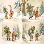 **hand-drawn winter fairy tale illustration, a rabbit carrying a small fir tree on his shoulder, and a female rabbit walking beside him carrying a basket of gifts, gentle friendly expressions, simple winter clothes, cozy snowy forest path, soft falling snow, warm storytelling atmosphere, unmistakable children's book illustration style of the 1960s-1970s, subtle influence of classic English animal fairy tales in the spirit of Beatrix Potter, but with Soviet-era illustration warmth, colored pencils and watercolor, visible pencil strokes, soft watercolor washes, textured paper, muted winter palette with whites, pale greens, soft browns, gentle reds and warm accents, rounded naive shapes, calm composition, poetic and cozy mood, hand-made look, non-photorealistic, timeless children's illustration. The scene is set --ar 16:9 --profile b414ohv --stylize 50** - <@409716268476923920> (fast)