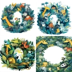 **An illustration for a children's book, a flat illustration, referencing the style of the illustration artist [Steve Scott], featuring a child observing through binoculars, surrounded by lush greenery. There are giraffes, red pandas, golden monkeys, and sloths in the zoo. The cartoon characters are colorful, detailed, and have cheerful expressions. The U-shaped circular composition leaves a large area of irregular white in the center of the image, with a white background, and the colors are mainly blue-green tones, dark and light greens, bright yellow, and light blue. 4K, --ar 14:19** - <@409716268476923920> (fast)