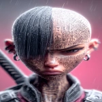 **orc woman, fangs, in the heavy hard rain, tempest, lightining, incandescent katana, tattooed head, super vitreous blank white eyes like empty blind eyes, editorial illustration of a young cyberpunk Asian girl warrior, punk hair cut half bald, from the underground cluber Tokyo drift club subculture, dendrokinetic Gang tattoo, blurred makeup, angry, kanji, --ar 3:5 --raw --p f6gpn1a sw3hfp8 --stylize 750 --v 7.0** - Image #3 <@1054482006731395092>