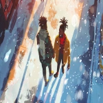 **watercolor style, overhead shot of a queer couple, two black men, one has dreads and one has a buzz cut, walking together on a vibrant snowy city street during golden hour with warm sunlight, joyful, playful energy, Pixar-style animation aesthetic, warm character design, expressive features, winter time, snow, , --v 6.0 --ar 16:9** - Image #4 <@751946353352900610>