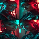 **realistic cyberpunk black female, at night, with neon lights in the background, red and turquoise. Strong light from above, on the face. High contrast. The female is looking towards the camera 3/4 view, she has braids, glowing eye cyber gear and an ear piece --ar 9:16** - Variations (Strong) by <@1174469651695144981> (fast)