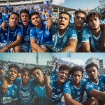 **Three young male soccer fans celebrating in a stadium, all wearing blue Macará jerseys with sponsor logos like SanFra, Salusda, CEMEDIAM, and Boman, sitting close together with arms around each other, one shouting, one calm, one serious, realistic facial expressions, modern stadium full of fans in the background, bright daylight, photographic realism, DSLR style, 85mm lens, soft natural lighting --ar 1:1 --v 7.0 --raw** - <@748723455297454200> (fast)