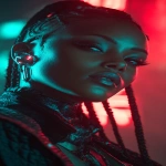 **realistic cyberpunk black female, at night, with neon lights in the background, red and turquoise. Strong light from above, on the face. High contrast. The female is looking towards the camera 3/4 view, she has braids, glowing eye cyber gear and an ear piece --ar 9:16** - Image #1 <@1174469651695144981>
