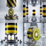**a iconic ASMR hydraulic press (cylinder) with its iconic black and yellow stripes. A high detailed kiwi fruit made out of glass is standing in the middle of metall plate. clean minimalistic white studio background setting, bright, sterile lighting, reflections on the polished metal and crystal facets, beautiful destruction, high resolution --ar 4:3** - <@672875703666081795> (relaxed)