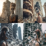 **Woman with skull make up standing over destroyed building in city with debris and collapsing, Ghost city, Halloween mystery concept, --ar 3:2** - <@1101345517448986756> (fast)