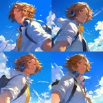**A close-up portrait of Yosuke Hanamura from Persona 4, in a bright and cheerful summer atmosphere. under a warm sky filled with blue and white clouds. The lighting is golden and radiant, casting soft highlights on his face and hair. The background evokes a breezy summer day, enhancing the lighthearted and youthful vibe. Rendered in the style of Rella soft, clean lines, expressive features, and beautiful, luminous shading. Use warm tones throughout the composition, with a gentle glow and elegant color transitions. Focus on his gentle eyes and light brown hair moving slightly in the wind. Rella soft illustration style. --niji 6** - Variations (Strong) by <@762679659153850410> (fast, stealth)