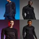 **A black gym thermal long-sleeve performance shirt designed in Y2K streetwear style. Features bold futuristic paneling, ribbed thermal texture, subtle metallic accents, and oversized techwear-inspired seams. Incorporates glowing gradients, chrome typography, and retro-futuristic motifs reminiscent of late-90s and early-2000s aesthetics. Slim athletic fit, breathable stretch fabric, dynamic shoulder lines, and stylized cuffs. Studio lighting, high-detail fashion render, luxury sportswear editorial look. --ar 4:5** - <@863203000986107936> (fast)