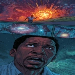 **Comic style. Split screen, on the top half astrophysicist Hakeem Oluseyi runs down the road, looking up in horror. On the bottom half of the screen, the Andromeda Galaxy explodes in space. Close-up portrait --ar 9:16 --v 7.0** - Upscaled by <@1146368219234443295> (fast, stealth)