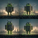 **<https://s.mj.run/rWcFtaYzAZ8> Android Robot made of mobile phones, crowd of people looking up at it, green malware bugs trying to get inside it, green lasers trying to pull robot down, cityscape, photorealistic, magic hour** - Variations (Strong) by <@1048326817838280714> (fast, stealth)