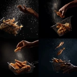 **a black person's hand tossing freshly fried fish in the air from a fryer basket. Against a black background.** - <@817880507983069194> (fast)