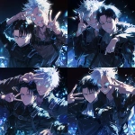 **Still taken shot from anime episode - Levi Ackerman from Attack on Titan and Satoru Gojo from Jujutsu Kaisen. Gojo has white hair, his arm around Levi's shoulder and is posing with a big smile and making a peace sign, Levi has black hair, has his arms crossed and looks slightly annoyed against a black background with sparkles in the art style of attack on titan anime. Friendship-style pose, Anime TV art style, attack on titan, jujutsu Kaisen. Uniform details, beautiful lighting, anime art, manga --niji 6** - Variations (Strong) by <@774763495555072010> (fast)