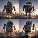 **<https://s.mj.run/rWcFtaYzAZ8> The Android Robot made of mobile phones is collapsing, there are gaps in the robot and it is crumbling away, it is falling apart, leaving to one side, about to tumble, people looking up at it, trying to get inside it, cityscape, photographic, hyperrealistic, photorealistic, metallic, glowing, raytrace, super realistic, magic hour, dramatic lighting, art style of Blade Runner** - Variations (Strong) by <@1048326817838280714> (fast, stealth)