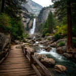**yosemite nationl park landscape photography, waterfall and trees included, along with a wooden bridge walking path in the foreground --ar 99:128 --q 2 --s 250 --v 7.0** - Image #1 <@1041437953232212108>