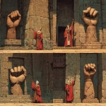 **dnd; room in an egyptian temple; a sculpture of a bronze forearm and clenched fist rises from the floor in the middle of the room; a shrivled egyptian high priest with pharoah garb stands next to the raised fist sculpture --v 7.0** - Variations (Strong) by <@771747841559232613> (fast)