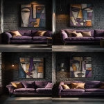 **an ultra-realistic photo depicting the concept of an interior design for a living room, featuring an elegant purple sofa and wall art with a face in the style of picasso, rendered in geometric shapes and framed on dark brick walls. the lighting is warm and inviting, casting soft shadows to accentuate the textures of both the furniture and the artwork. this scene embodies contemporary luxury with a touch of modern artistic flair. --ar 9:16** - Variations (Strong) by <@1313000520759377972> (fast)