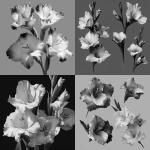 **Design greyscale, smooth shaded, bold outlined, gladiolus flowers , multiple angles, isolated --v 7.0** - <@1116424656908464158> (fast)