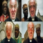 **<https://s.mj.run/cwTvEep8bpY> wearing a catholic priest wardrobe with a crazy facial expression, standing beside a Nigerian man who is wearing traditional Nigerian wardrobe, old church in the background, realistic, photorealistic, --ar 16:9 --v 7.0 --s 50** - <@990985509620842596> (fast)