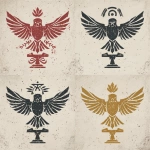 **In a Dungeons and Dragons art style, create four different yet simple versions of a noble house&#039;s sigil. The design should be simple. Its major element is a hawk&#039;s wings spread wide and eyes vigilant and looking forward. Its minor elements are a plant in one talon and a blacksmith&#039;s hammer in the other talon. All different versions, as if made in medieval times with medieval-level tools, each made of different materials, such as stone, iron, wood, and paint. They should all be simple designs using a single material. They should be worn. They should be on a white background. --v 7.0** - Image #3 &lt;@478047972412620803&gt;