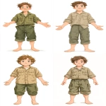 **a cartoon of a Neutral base body type of a 19-year-old European boy, short brown hair, wearing a a classic zookeeper outfit, khaki shirt with rolled-up sleeves, matching khaki shorts, barefoot, standing with arms down and arms open, looking directly at the camera, neutral pose and expression, no background, simple and minimal, reference base body suitable for boy and girl --ar 9:16 --stylize 750** - <@409716268476923920> (fast)